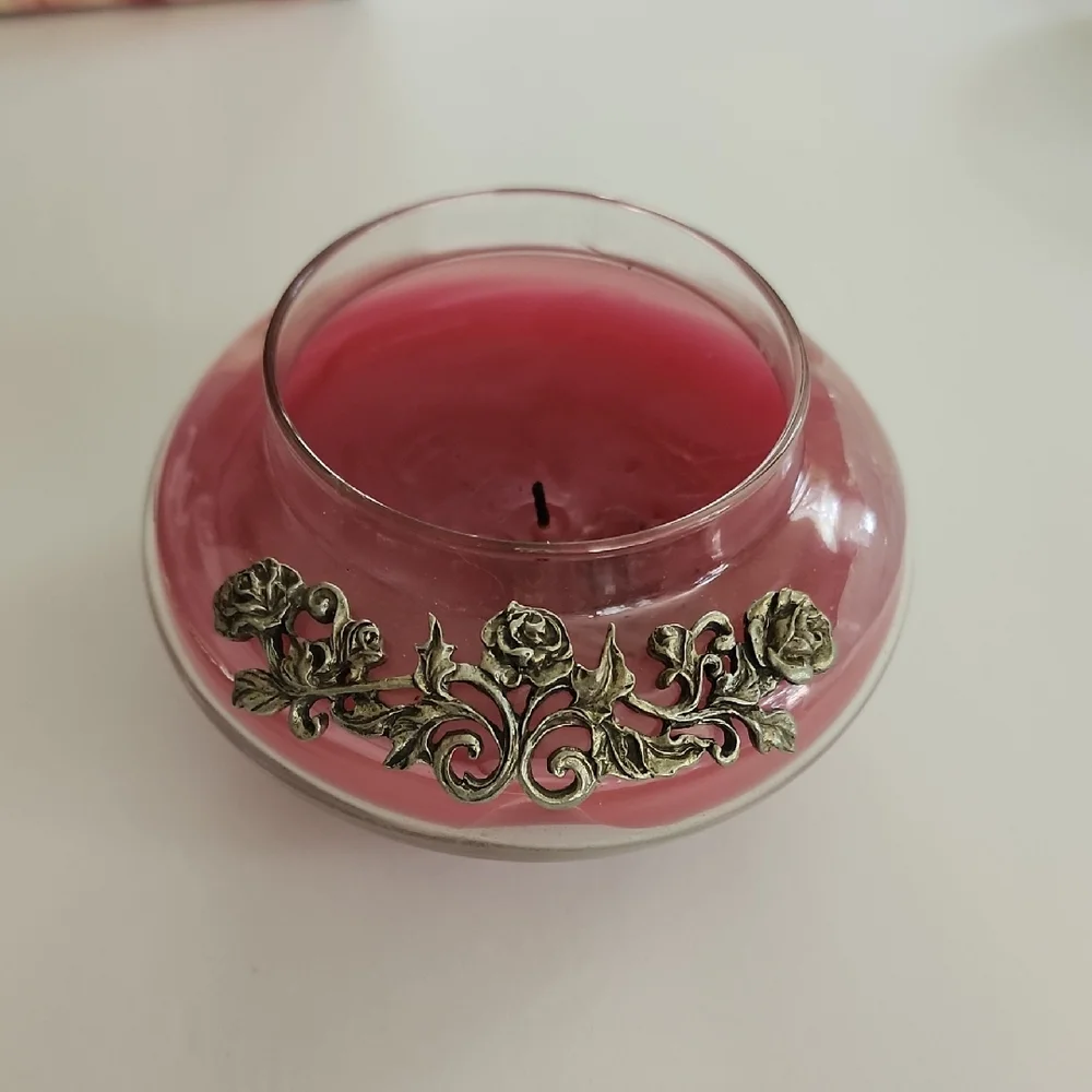 Decorative Pink Glass Candle Bowl with Floral Metal Trim Rose Scented Candle
